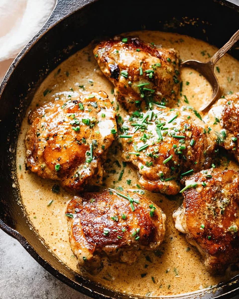 Close-up of juicy, pan-seared chicken thighs in a creamy sauce, garnished with chives. A perfect chicken thigh recipe.