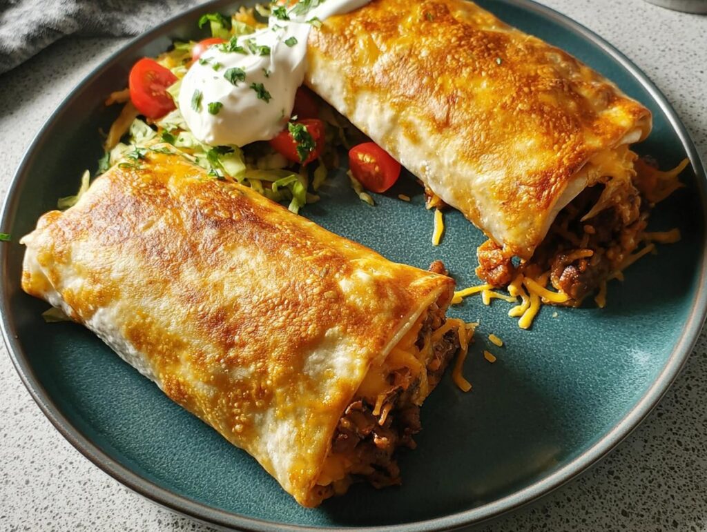 Two golden-brown crispy baked burritos filled with seasoned meat and cheese, served with a side salad and sour cream.