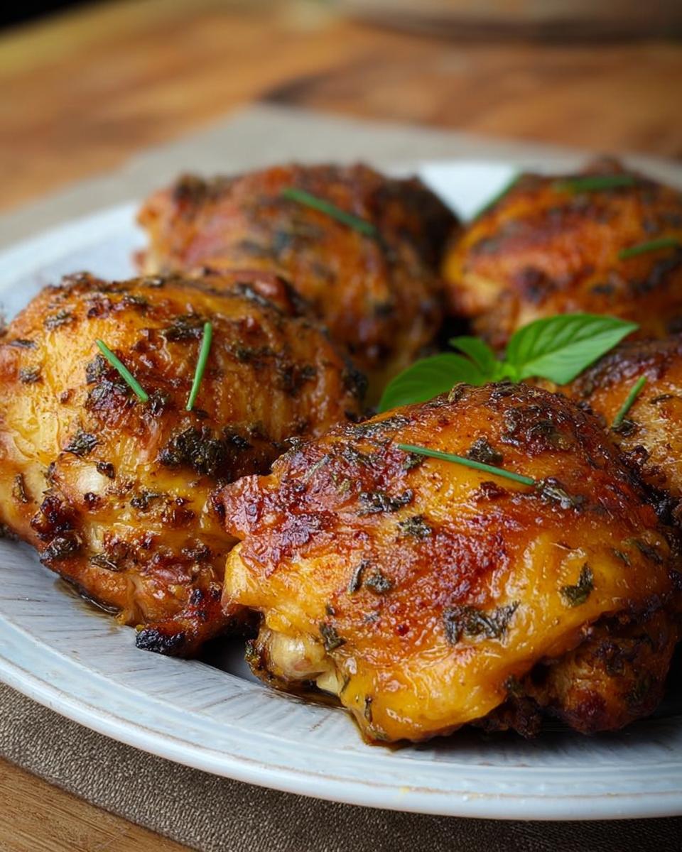 A plate of crispy baked chicken thighs, seasoned with herbs and spices, a perfect example of chicken thigh recipes.