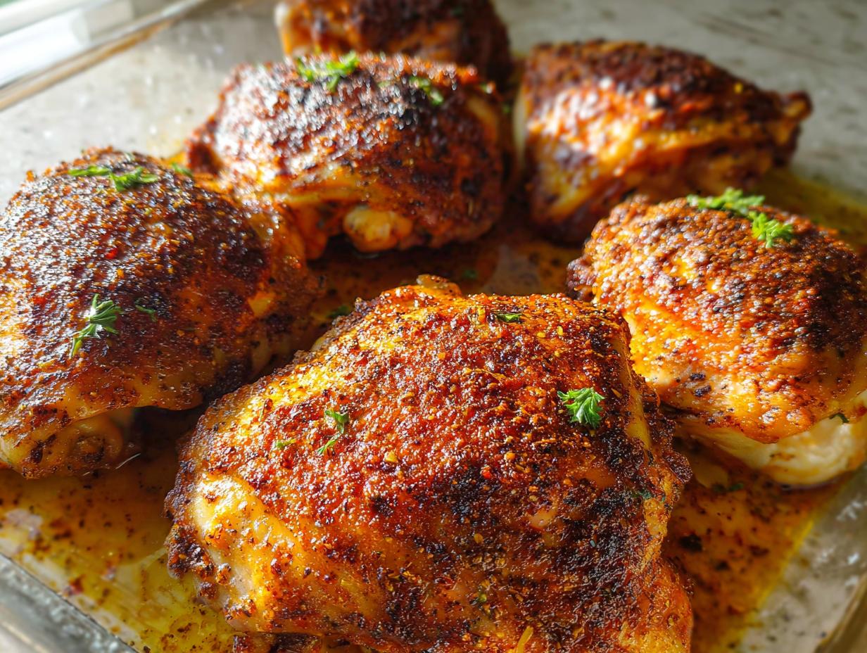 Close-up of perfectly baked chicken thighs with a crispy, seasoned skin, ready to serve.