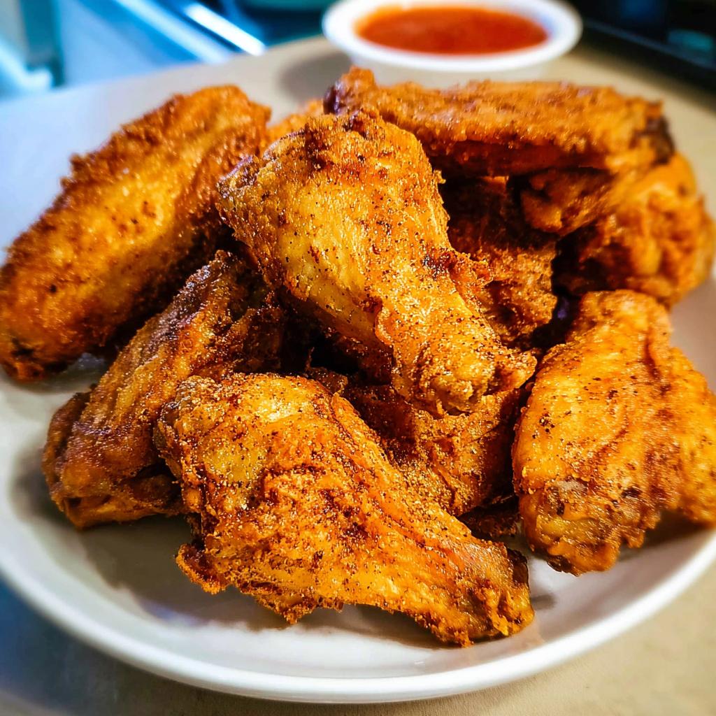 A plate of perfectly crispy baked chicken wings, seasoned and ready to be enjoyed.