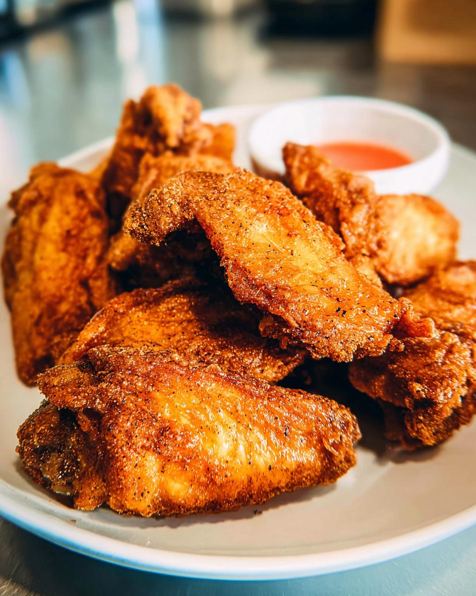 A plate of golden-brown, crispy baked chicken wings seasoned with spices, served with a side of dipping sauce.