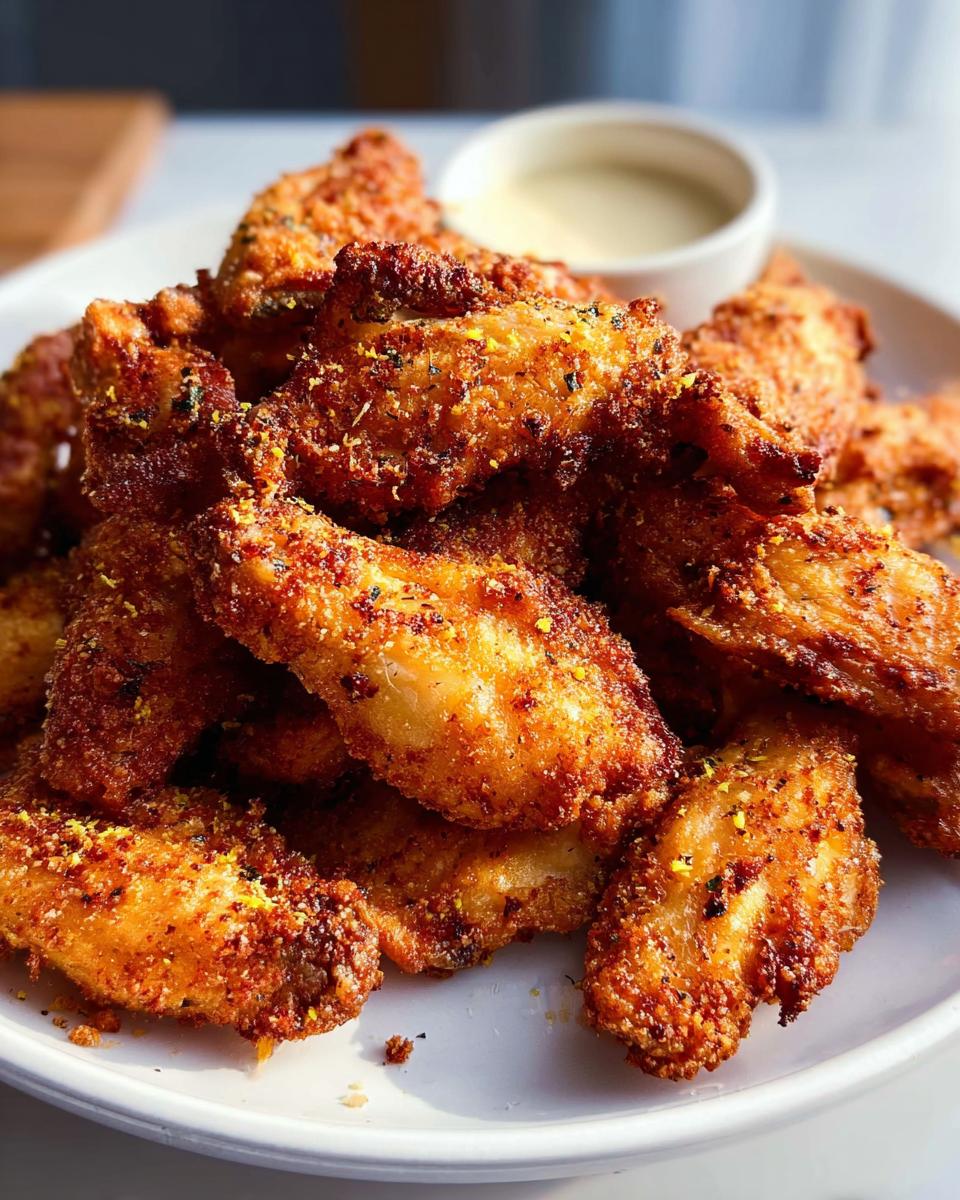 A pile of perfectly baked chicken wings, seasoned and crispy, served with a side of dipping sauce.