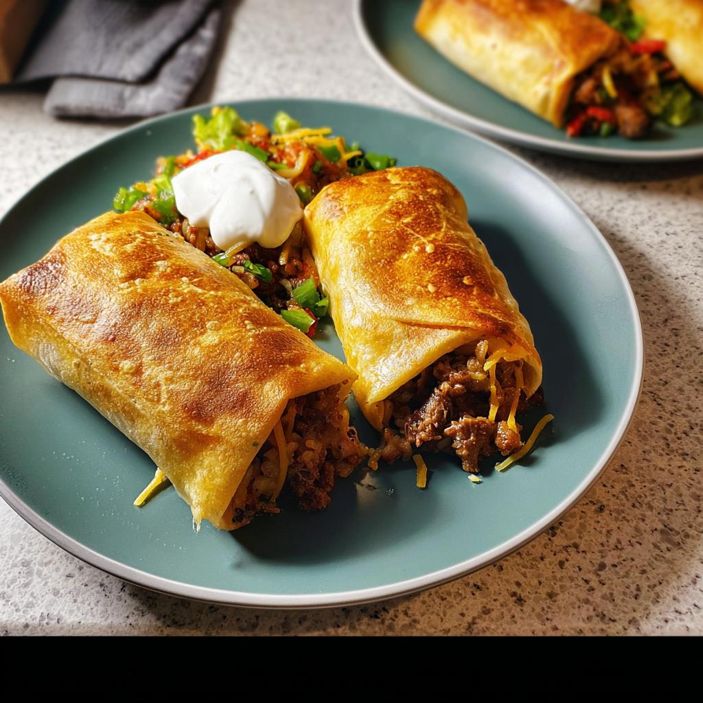 Two golden-brown crispy burritos filled with seasoned ground beef and cheese, served with rice and a dollop of sour cream. Part of easy dinner recipes.