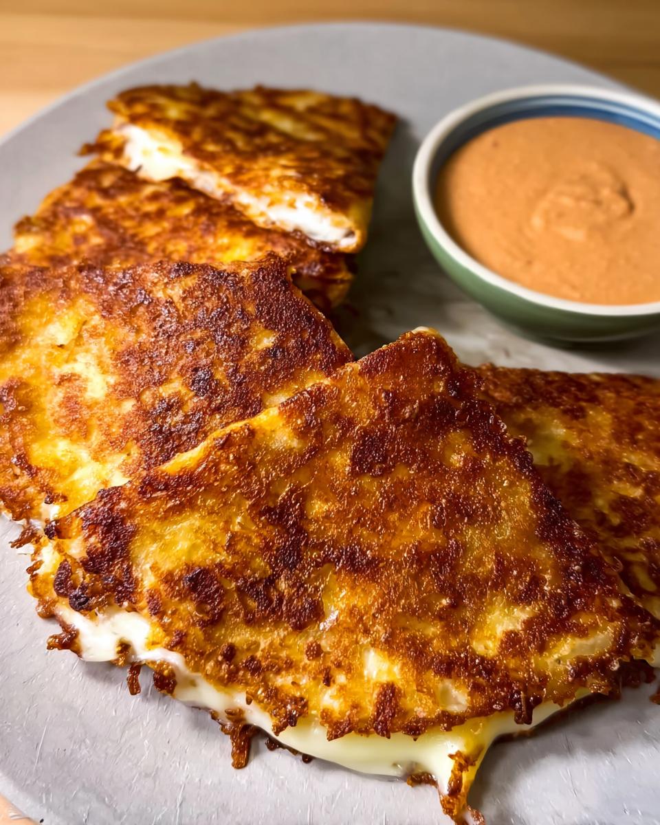 Golden-brown crispy cheese quesadillas served with a side of red dipping sauce, perfect for Restaurant-Style Taco Tuesday Recipes at Home.