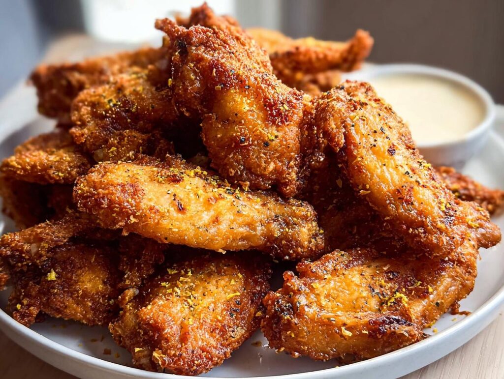 A close-up of a pile of perfectly crispy chicken wings, seasoned and ready to be dipped.
