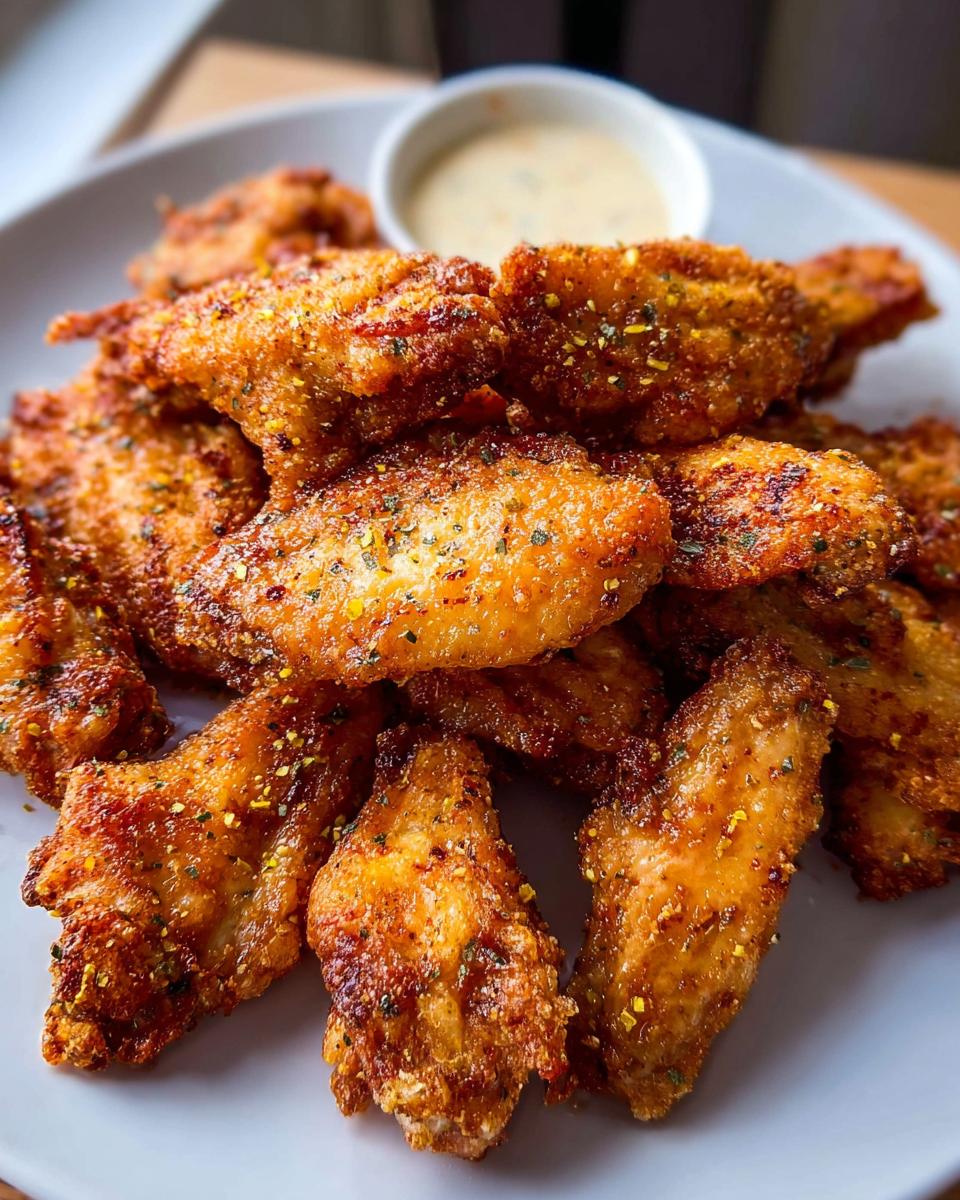 A plate of perfectly seasoned and crispy chicken wings, ready to be enjoyed with a side of dipping sauce.