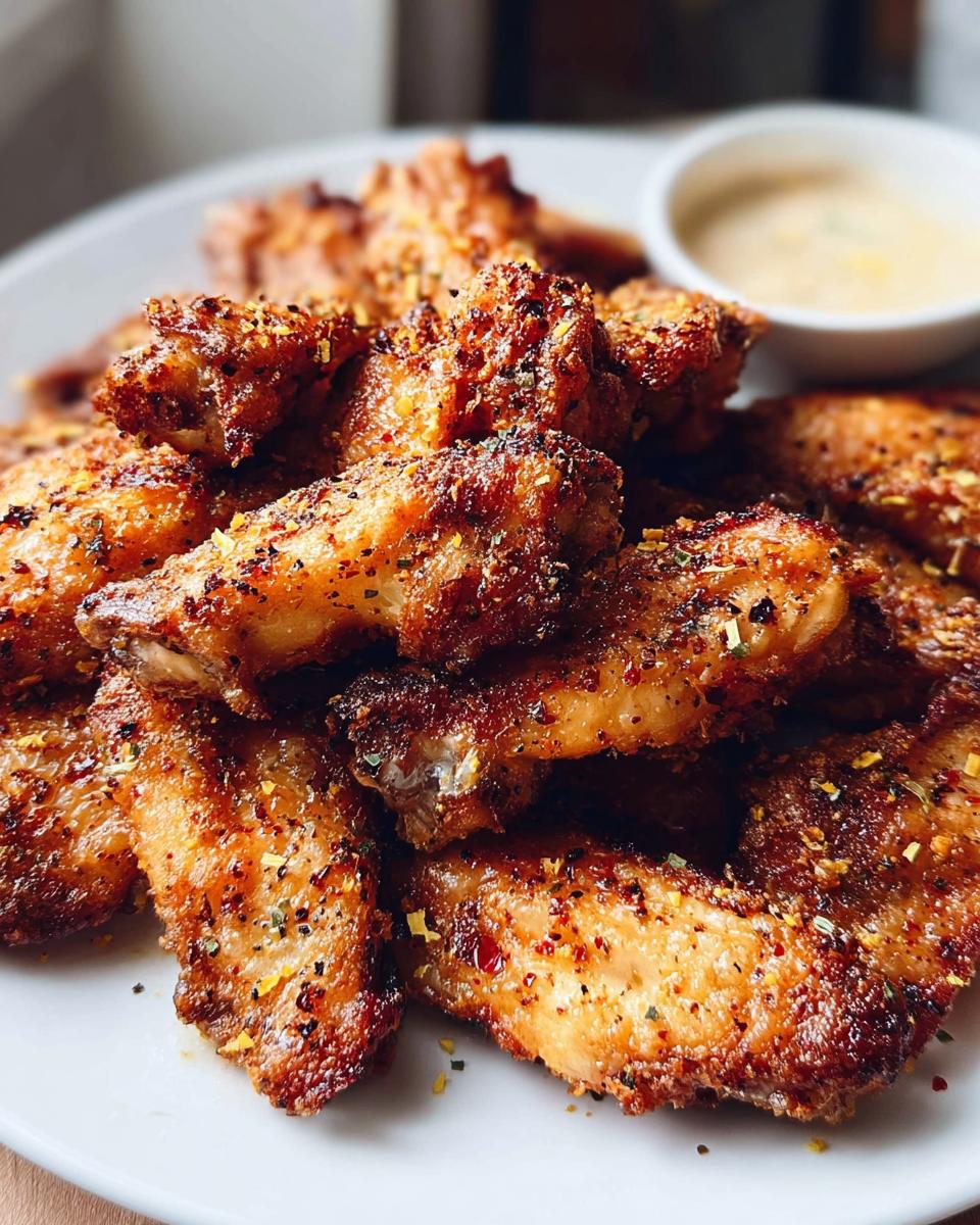 A pile of perfectly cooked, crispy chicken wings seasoned with spices, served with a side of dipping sauce.