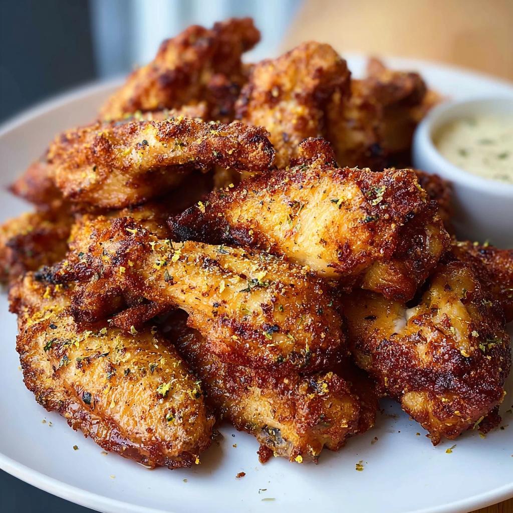 A plate of perfectly cooked, crispy chicken wings seasoned with herbs, ready to be enjoyed with a side of dipping sauce.