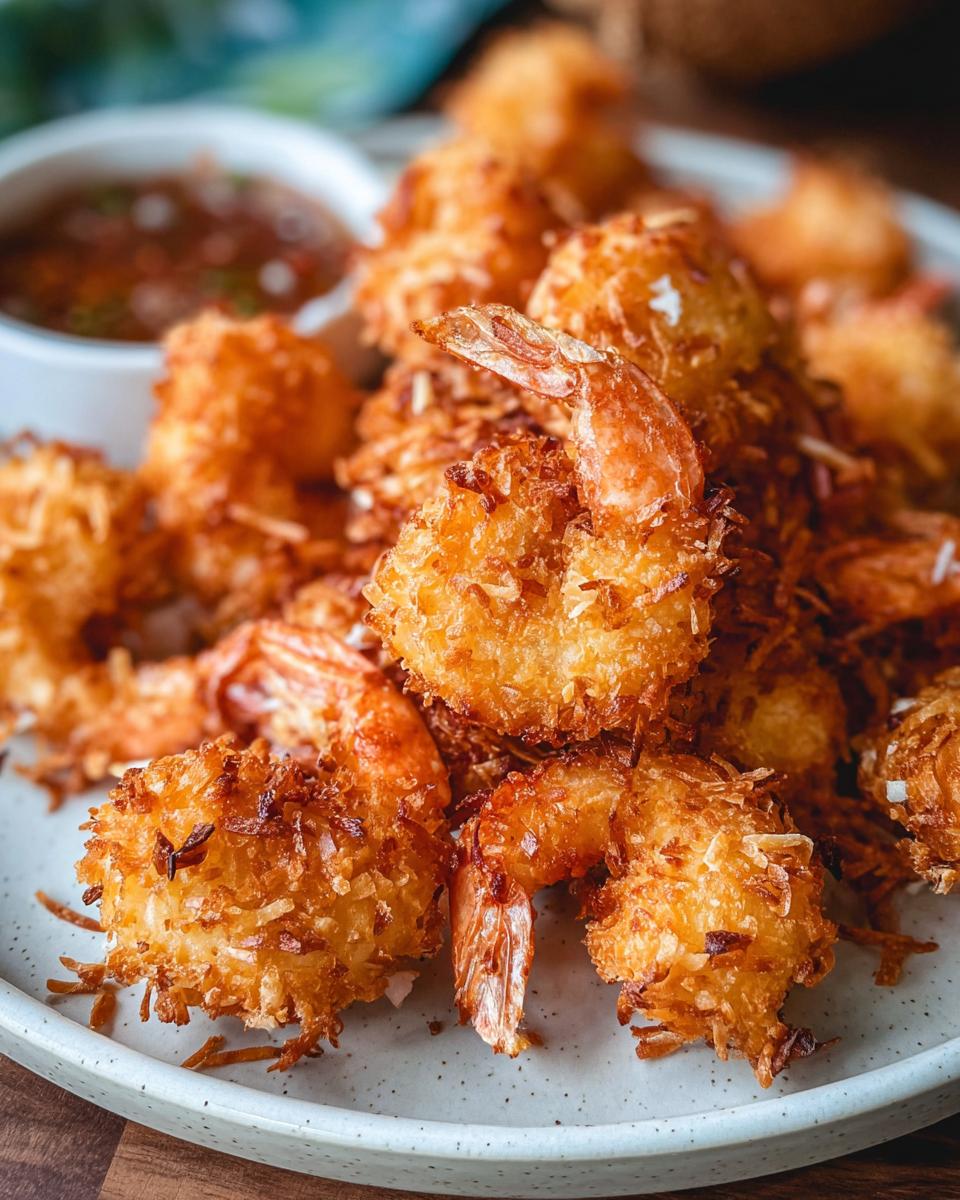 Golden brown crispy coconut shrimp served on a plate with a dipping sauce.