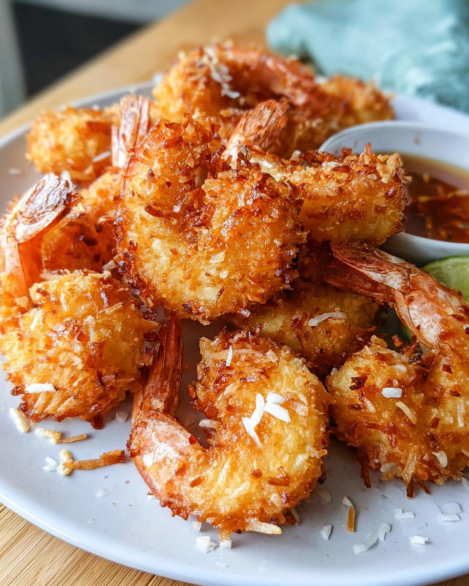 Golden brown crispy coconut shrimp, a delicious shrimp recipe idea for busy weeknights.