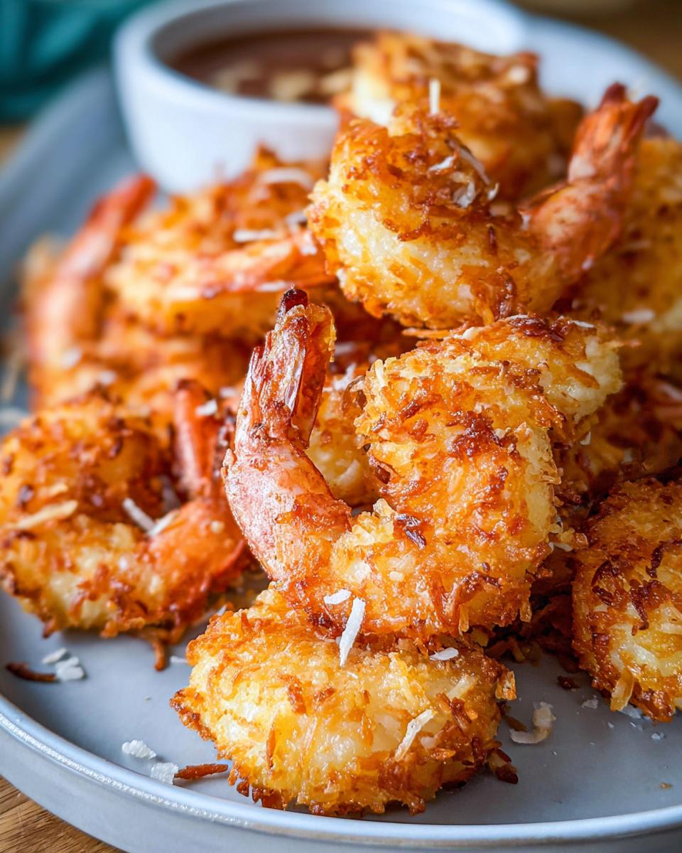 Close-up of golden-brown crispy coconut shrimp, a delicious shrimp recipe idea for busy weeknights.