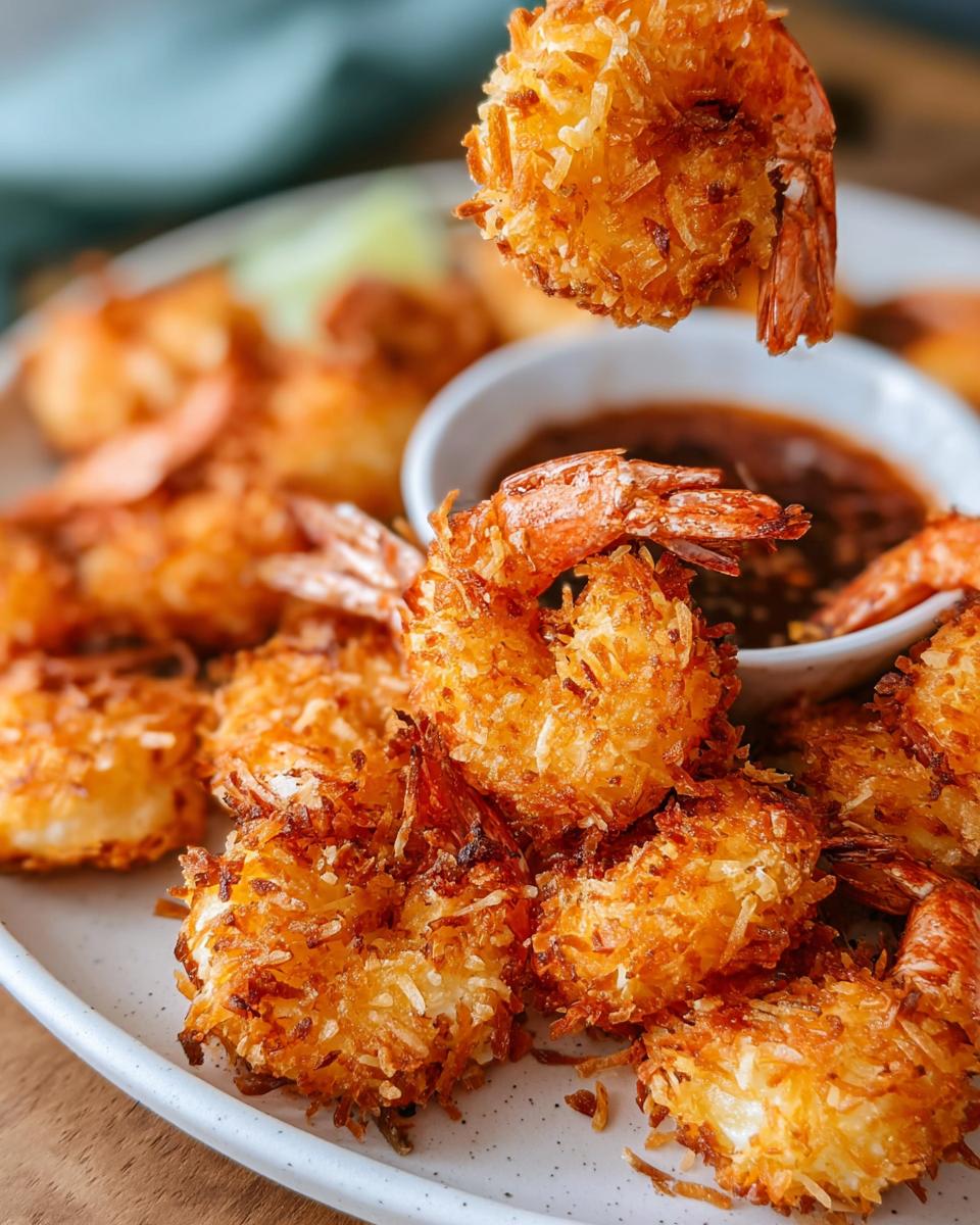 Close-up of golden-brown crispy coconut shrimp, a quick and easy shrimp recipe, served with dipping sauce.