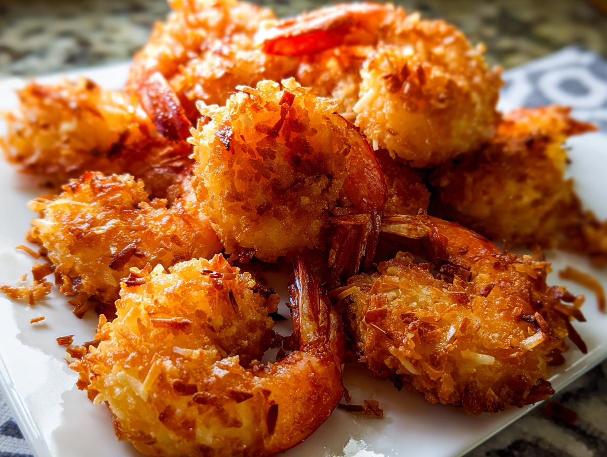 A close-up of golden-brown, crispy coconut shrimp, a delicious shrimp recipe.