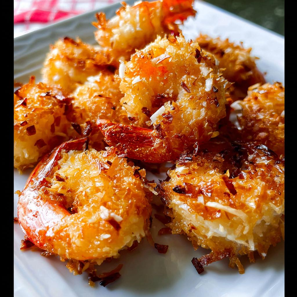 Close-up of golden-brown crispy coconut shrimp, a delicious shrimp recipe.