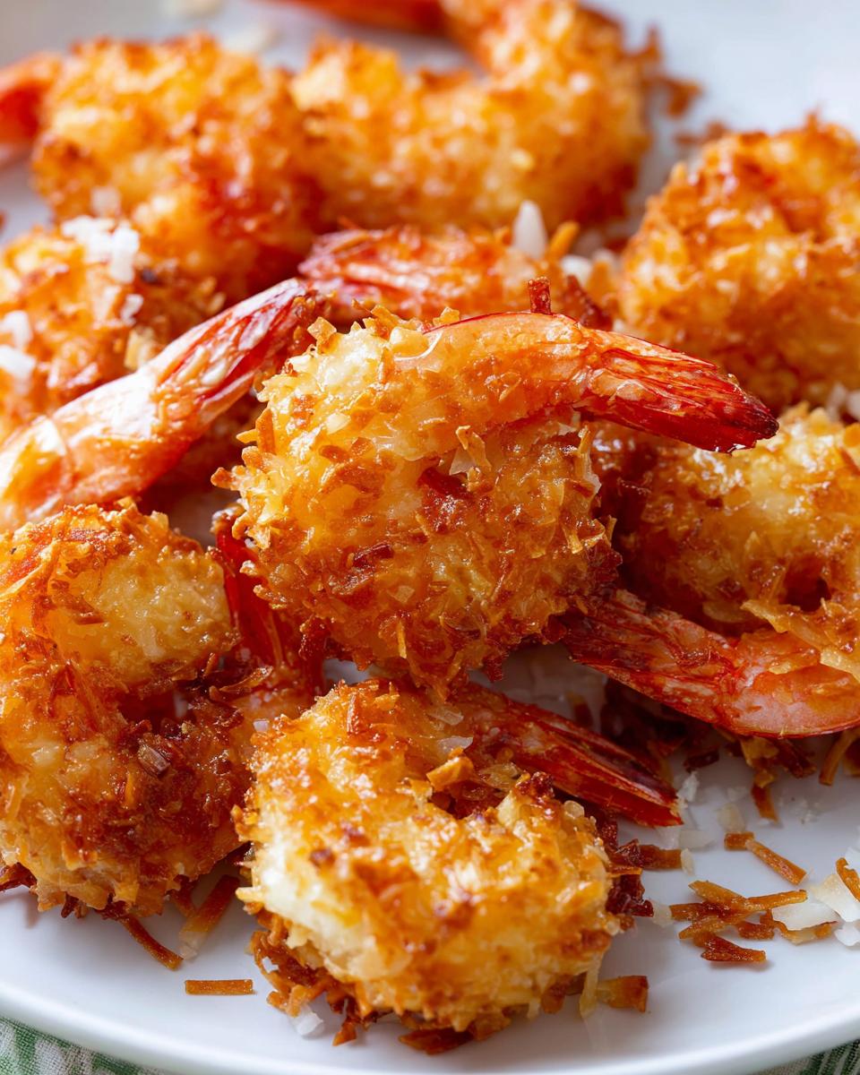 Close-up of golden-brown crispy coconut shrimp, a delicious shrimp recipe.