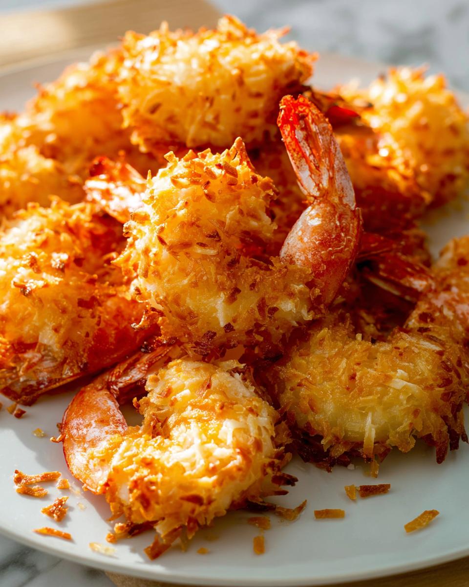 Close-up of golden-brown crispy coconut shrimp, a delicious shrimp recipe.