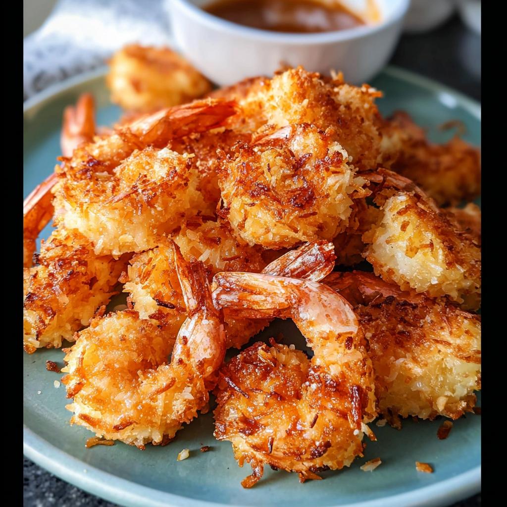 Golden brown crispy coconut shrimp piled on a teal plate, perfect for quick weeknight meals.