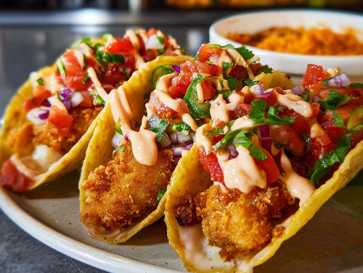 Three crispy fish tacos piled high with pico de gallo, cilantro, and a creamy sauce, perfect for Taco Tuesday.
