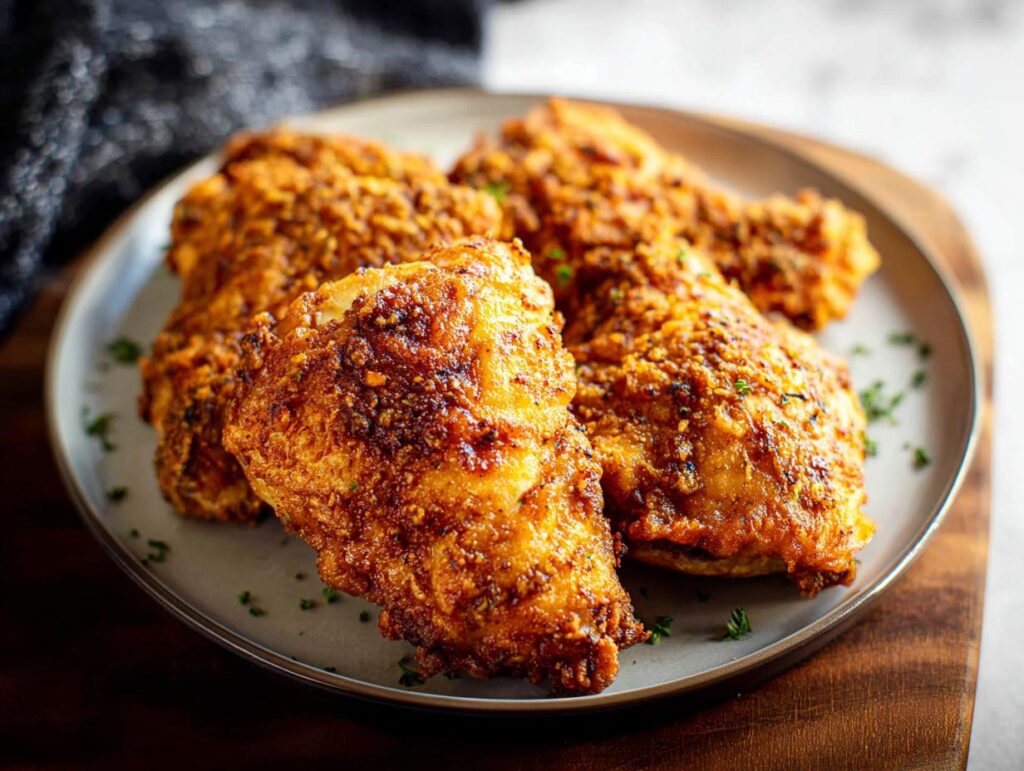 A plate of golden-brown, crispy fried chicken thighs, seasoned with herbs and spices.