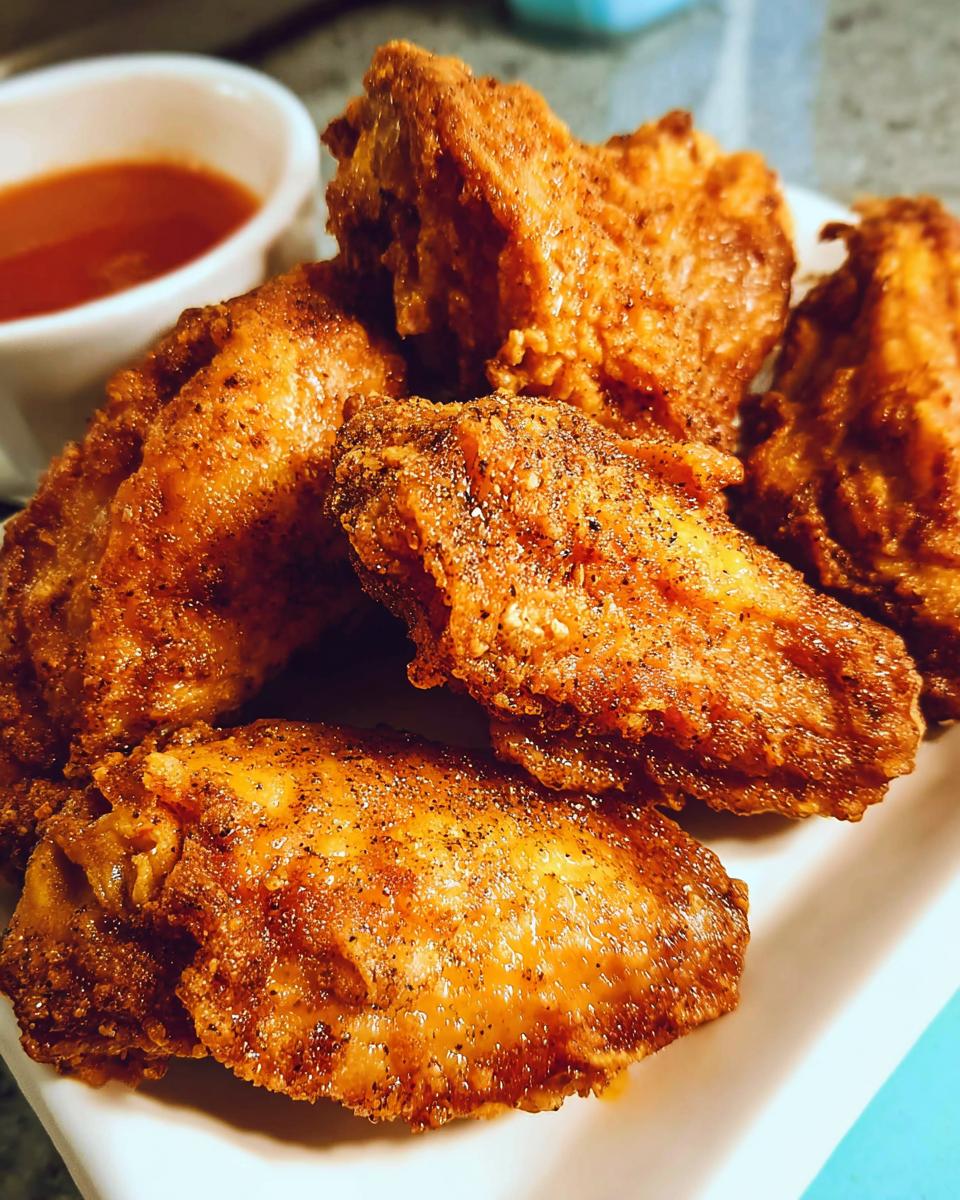 Close-up of golden-brown, crispy fried chicken wings seasoned with pepper, served with a side of dipping sauce.