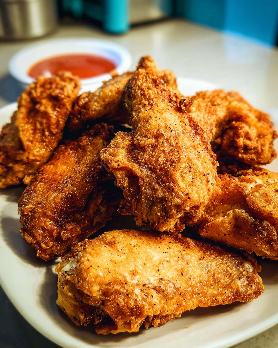 A plate of perfectly crispy fried chicken wings, seasoned with pepper, ready to be dipped.