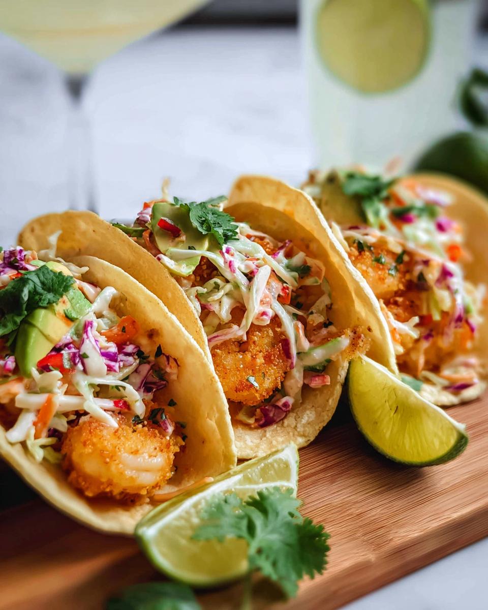 Close-up of three crispy shrimp tacos filled with slaw, avocado, and cilantro, served with lime wedges. A quick shrimp recipe.