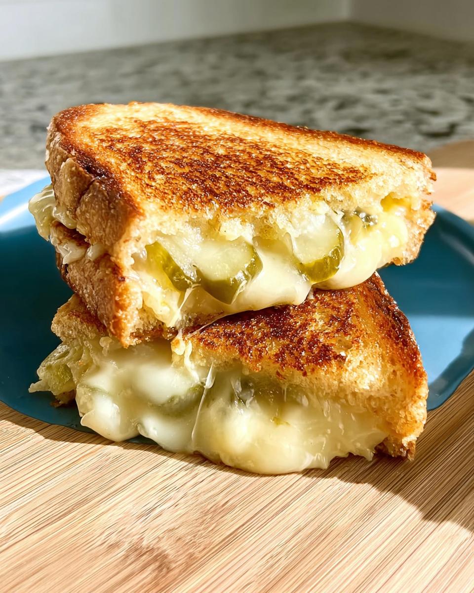 A stack of two halves of a grilled cheese sandwich filled with melted cheese and dill pickle slices.
