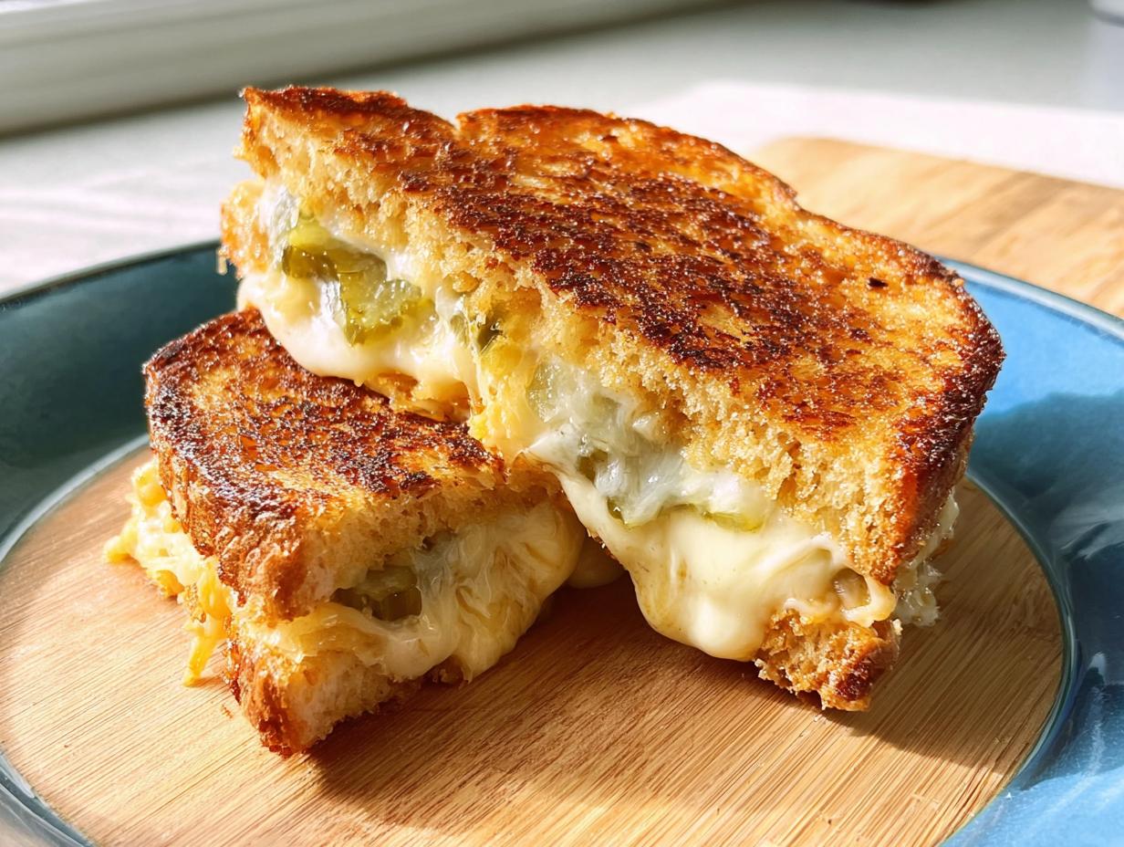 A close-up of a dill pickle grilled cheese sandwich, cut in half, with melted cheese oozing out.