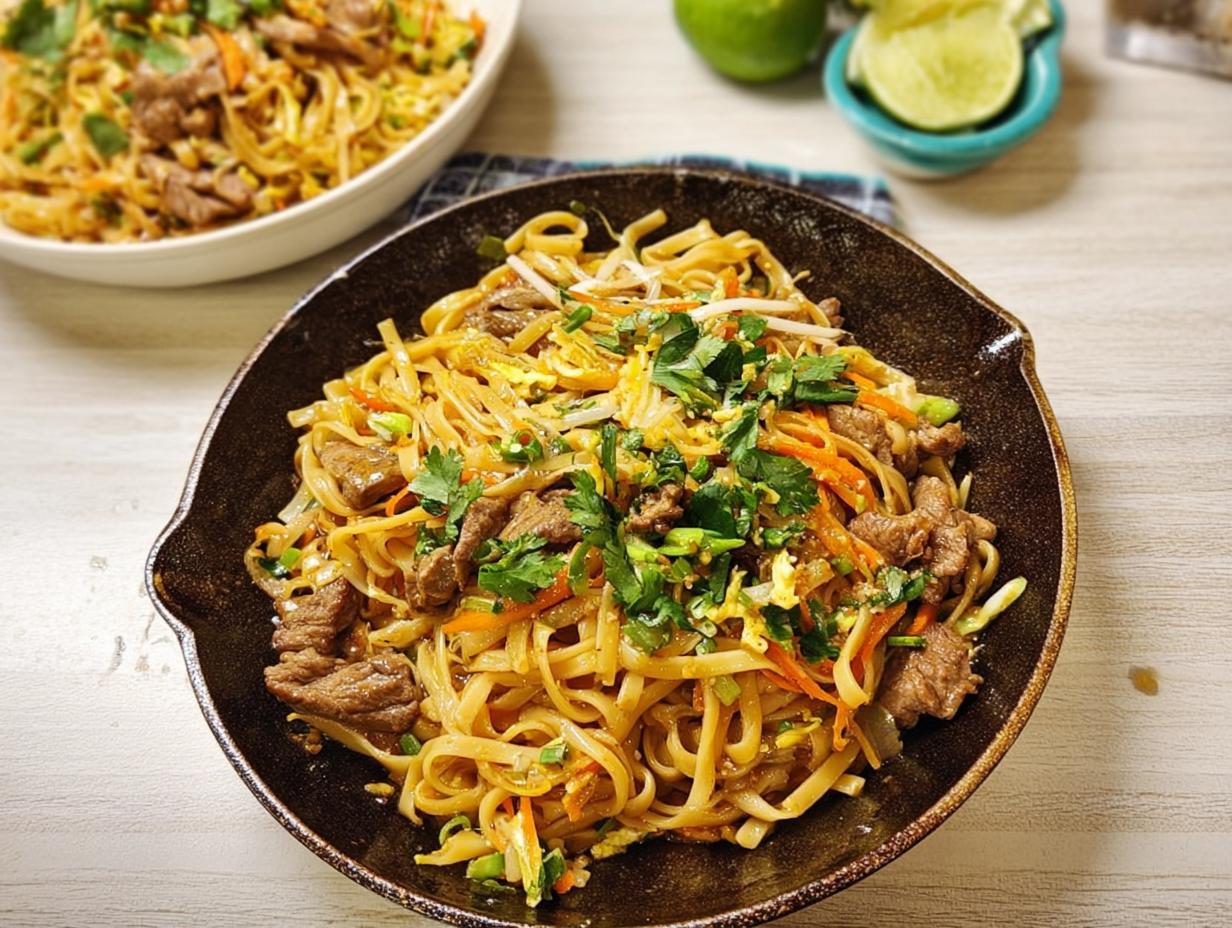 A close-up of a delicious beef and noodle stir-fry, a perfect easy dinner recipe.
