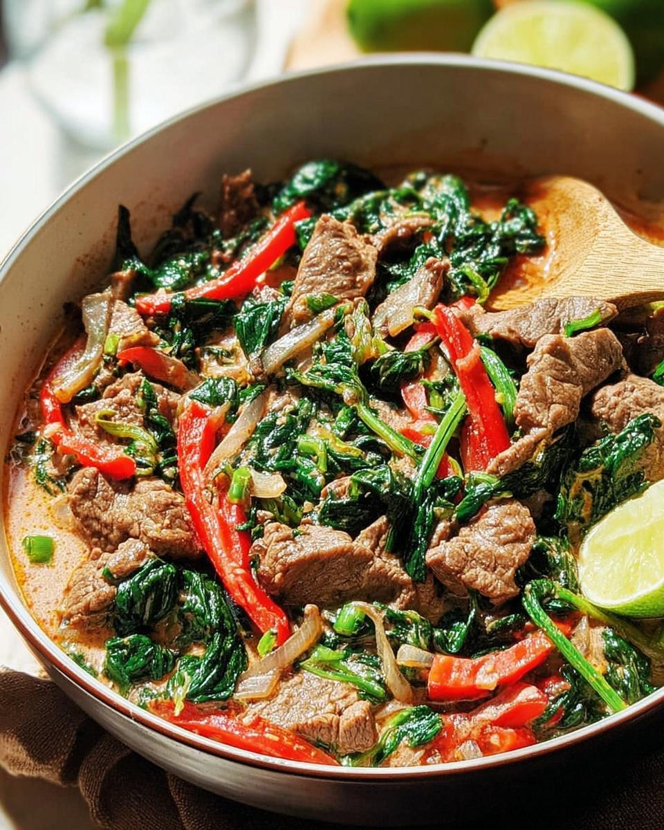 A close-up of a creamy beef and spinach curry with red peppers and lime, perfect for easy dinner recipes.