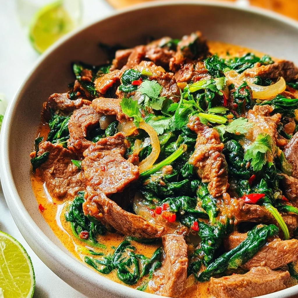 A close-up of a delicious beef and spinach curry, perfect for easy dinner recipes for beginners.