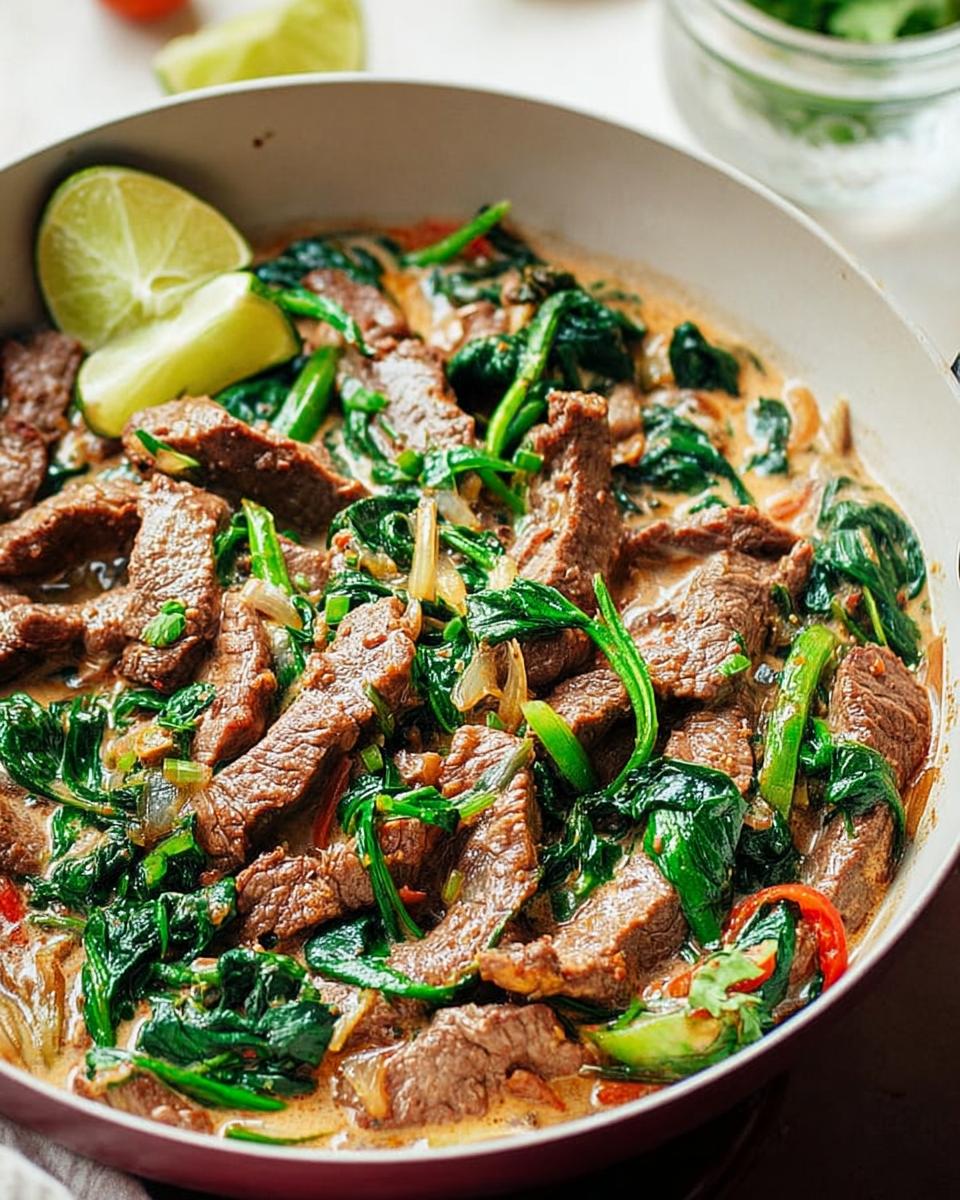 Close-up of a pan of beef and spinach stir-fry with lime wedges, perfect for easy dinner recipes for beginners.