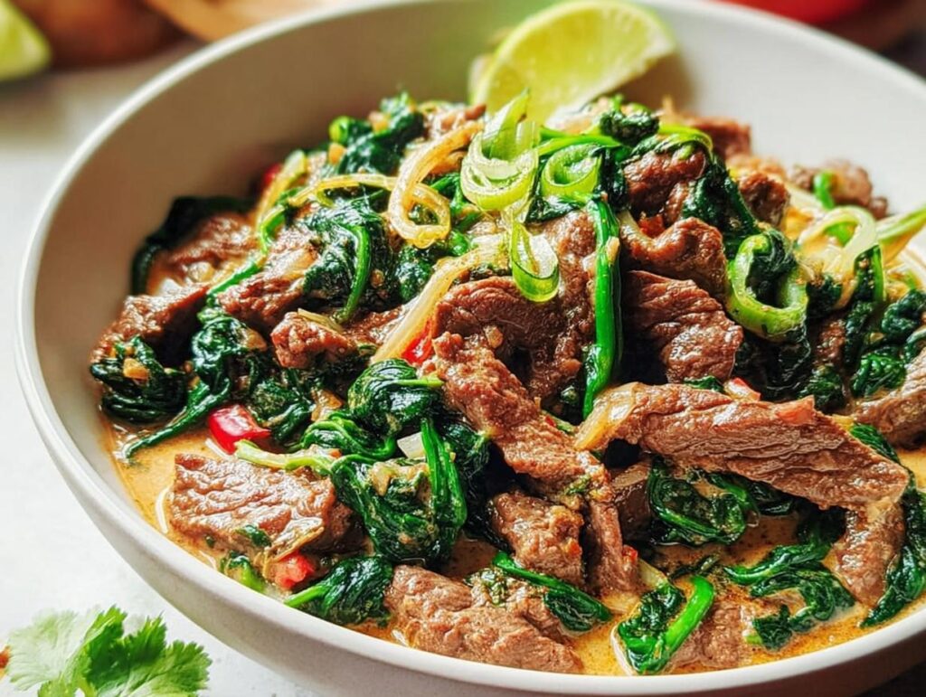 Close-up of a bowl filled with tender beef strips and wilted spinach in a creamy sauce, garnished with scallions and a lime wedge.
