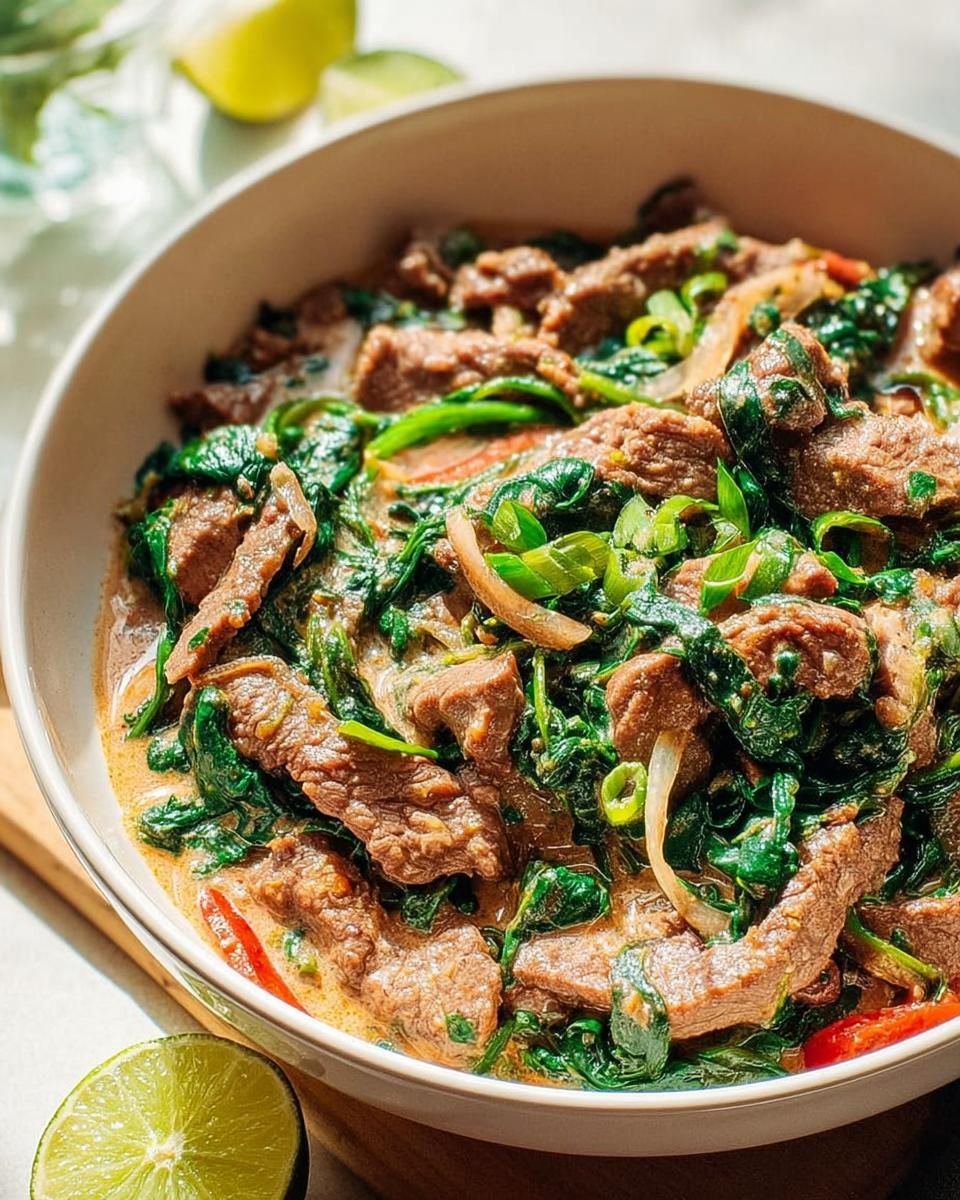 Close-up of a creamy beef and spinach stir-fry with sliced scallions and lime wedges, perfect for easy dinner recipes.