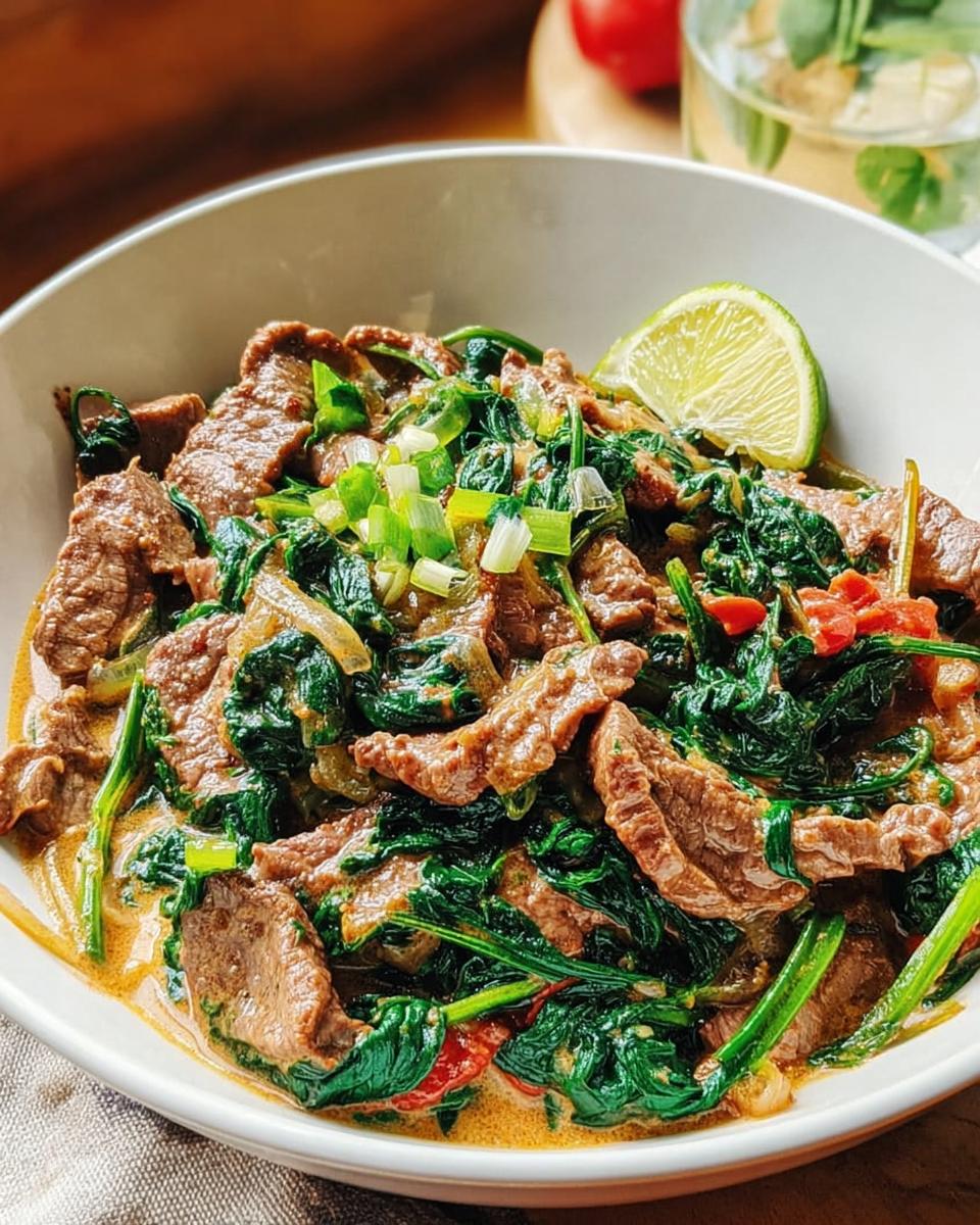 Close-up of a beginner-friendly beef and spinach stir-fry in a white bowl, garnished with scallions and lime.