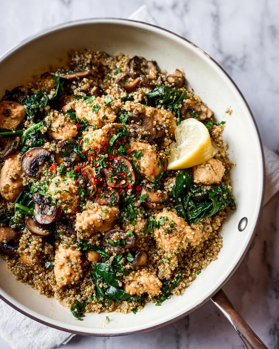 A close-up overhead view of a beginner-friendly chicken recipe featuring chicken pieces, quinoa, mushrooms, and spinach in a skillet.