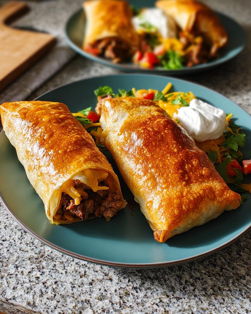 Two golden baked burritos filled with meat and cheese, served with a side salad and sour cream as part of 20-Ingredient Easy Dinner Recipes.
