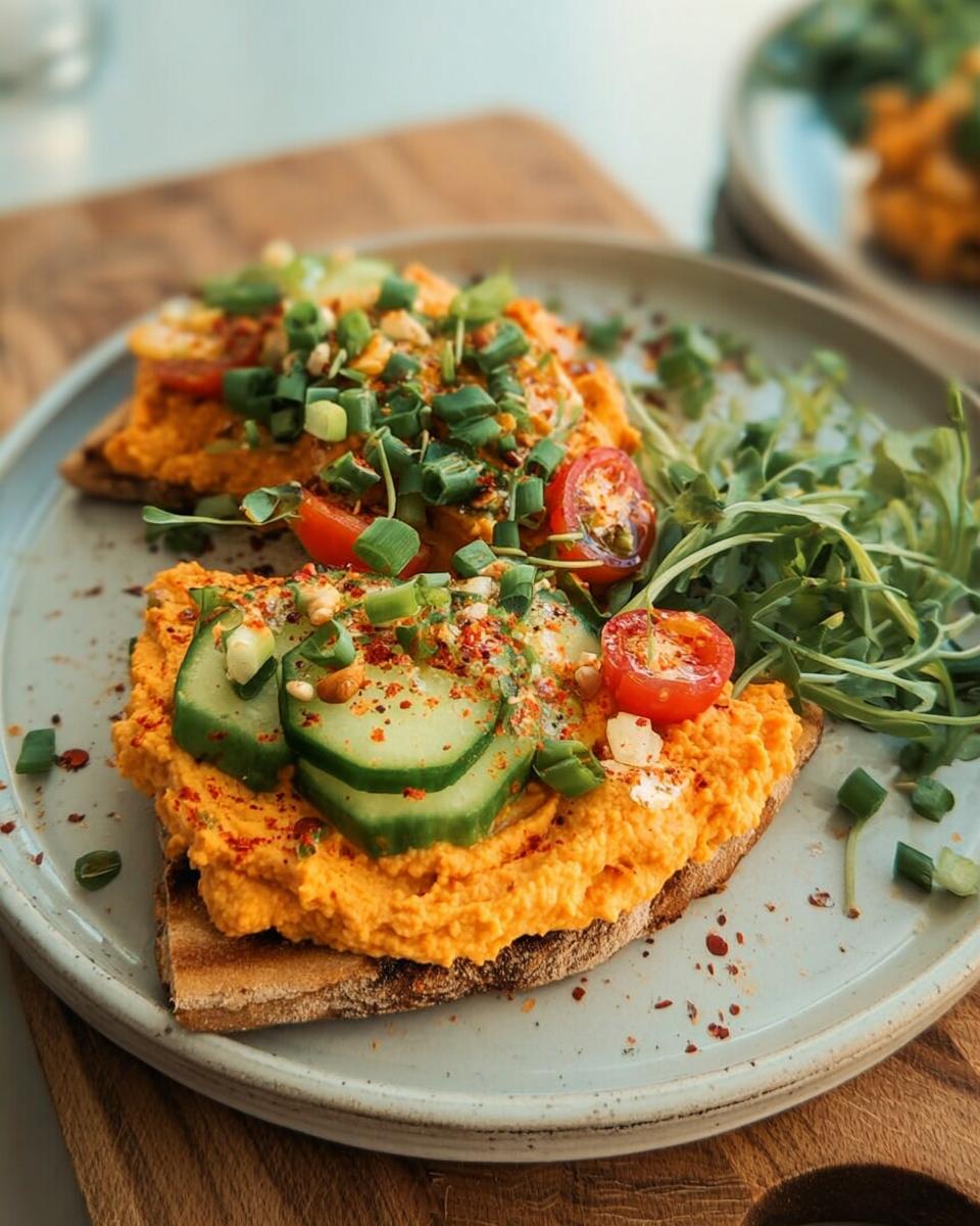 Two slices of toast topped with hummus, cucumber, cherry tomatoes, and green onions, part of 20 Genius Easy Dinner Recipes Ideas for Busy Weeknights.