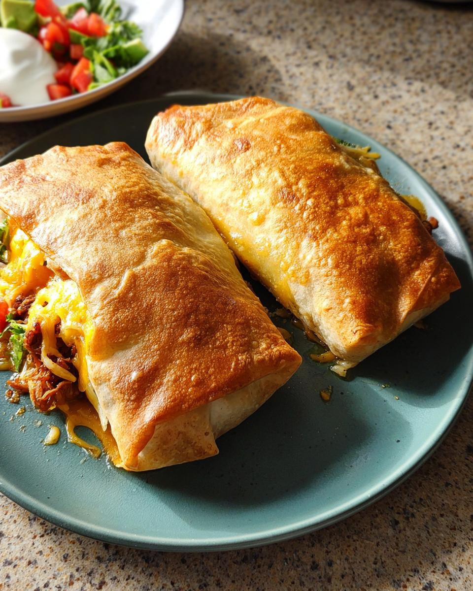 Two golden-brown baked burritos filled with cheese and meat, part of easy dinner recipes.