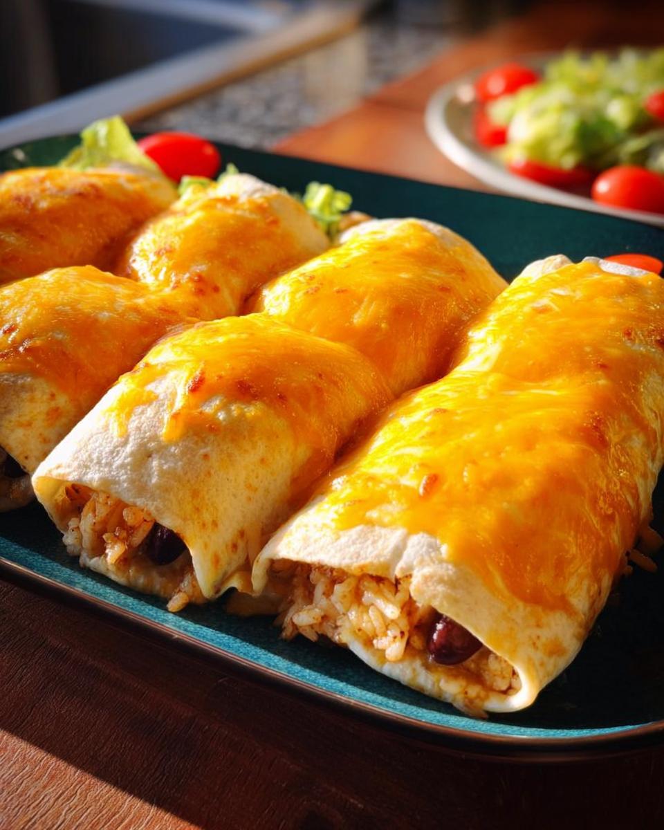 Close-up of cheesy bean and rice burritos, a delicious and easy dinner recipe, served on a platter with a side salad.