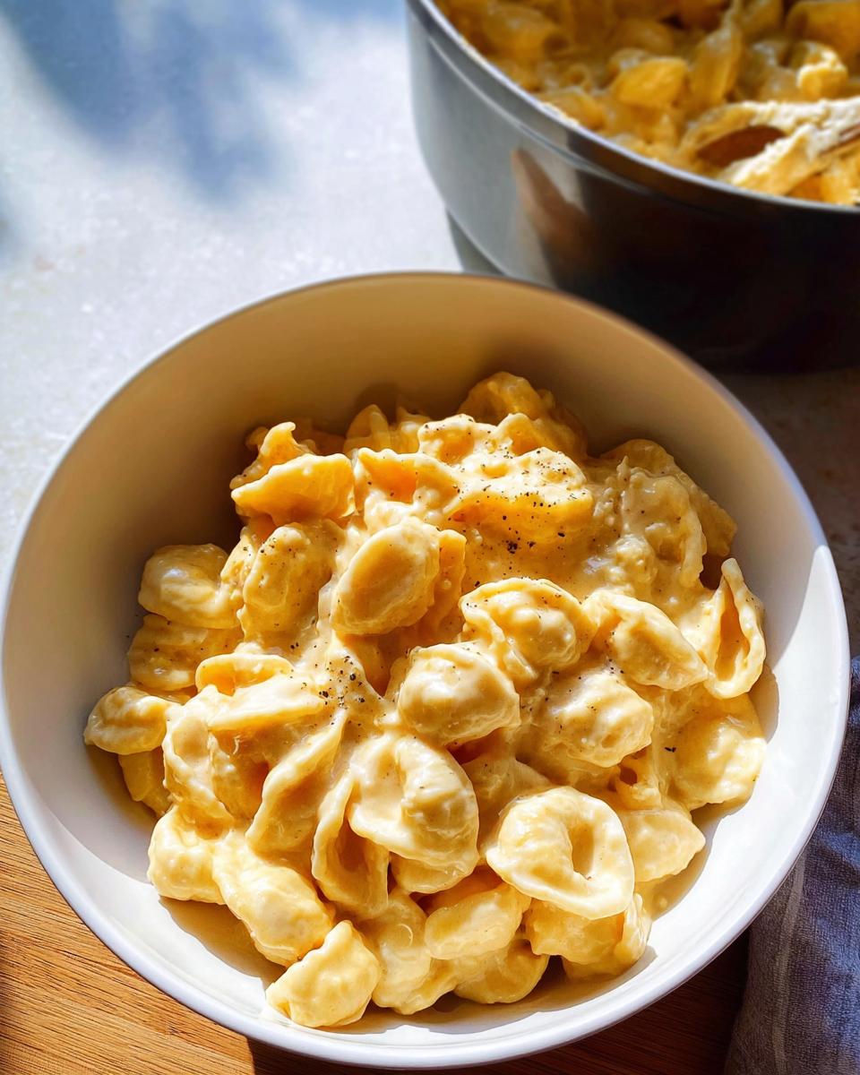 A bowl of creamy orecchiette pasta with cheese sauce, seasoned with black pepper. An easy dinner recipe.