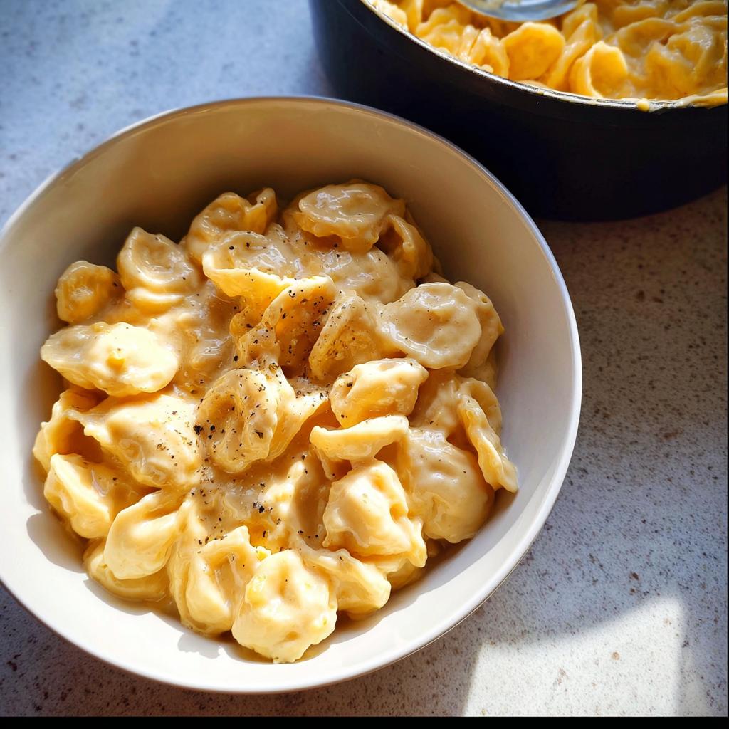 A bowl of creamy orecchiette pasta, seasoned with black pepper, part of an easy dinner recipe.