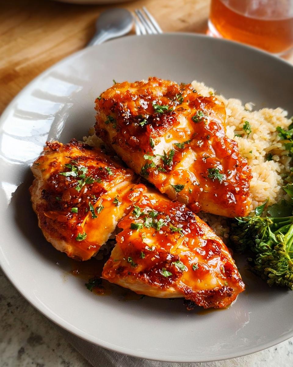 Close-up of glazed chicken breasts served with rice and broccoli, perfect for easy dinner recipes.