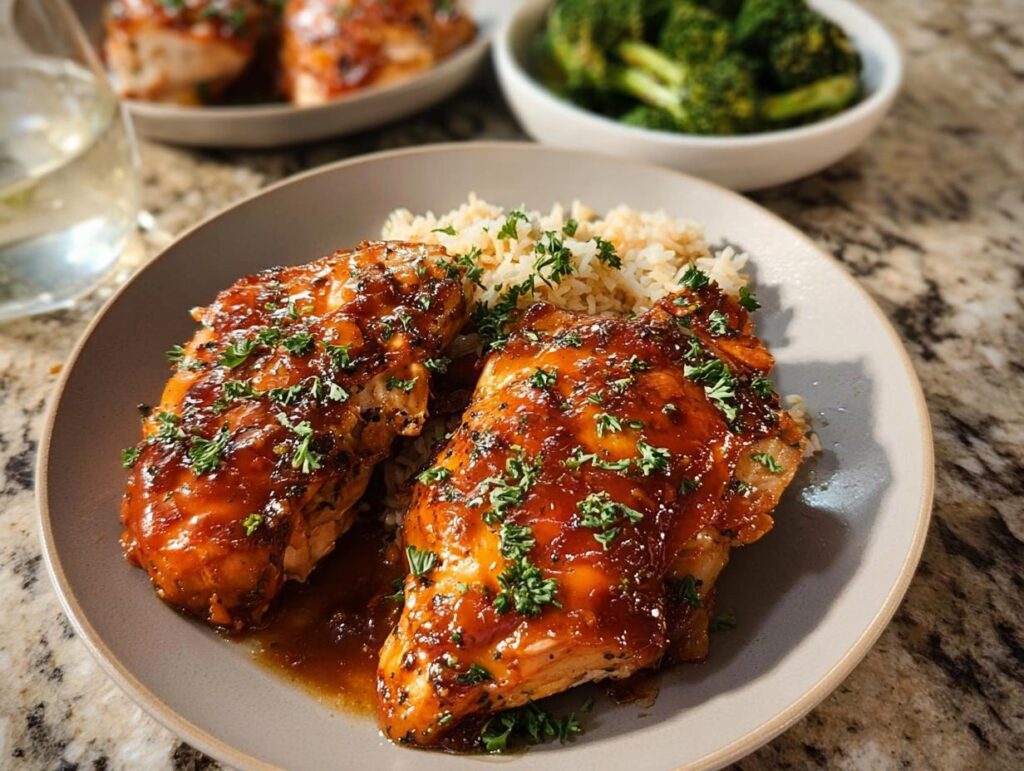 Close-up of glazed chicken breasts served with rice and garnished with parsley, part of easy dinner recipes.