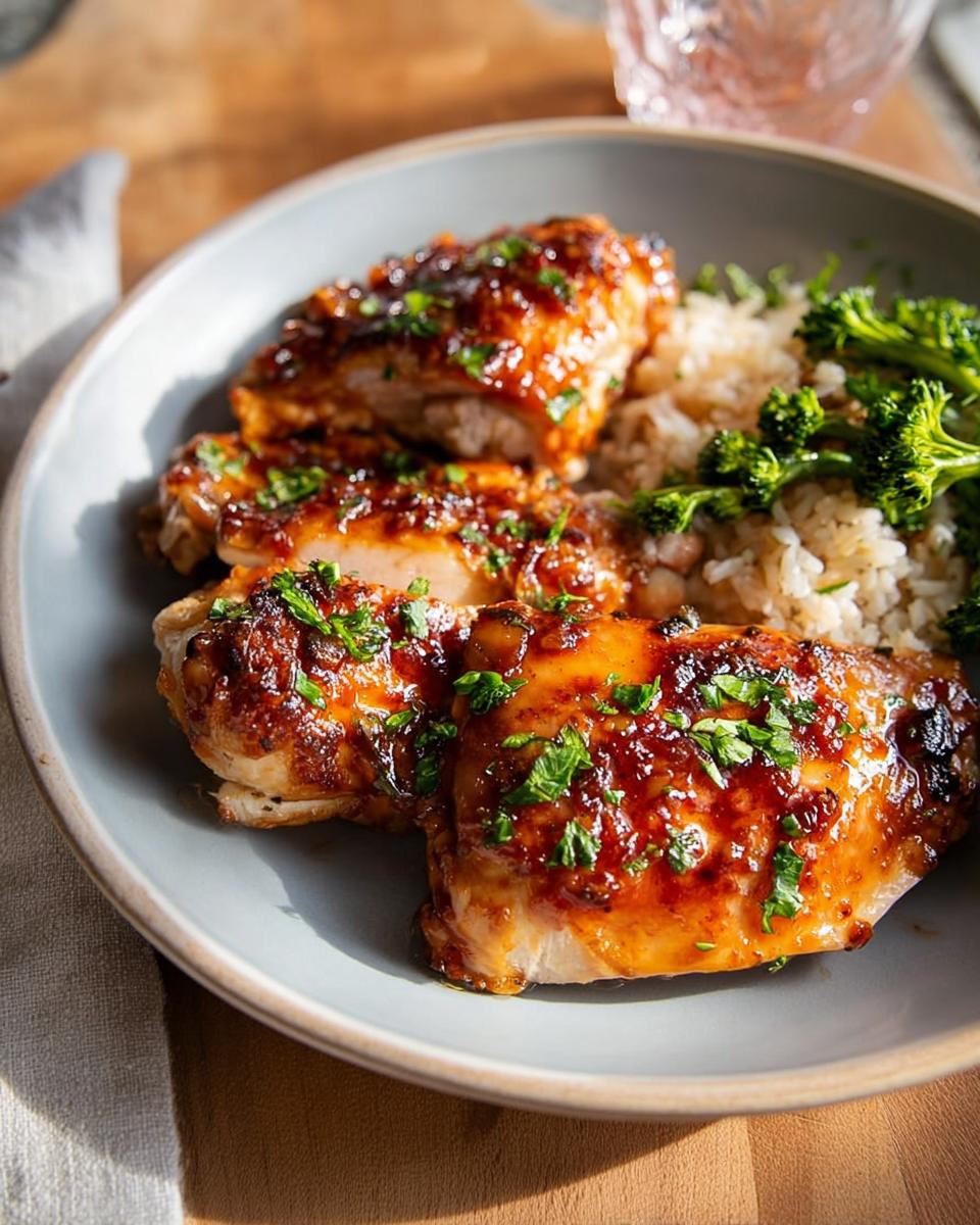 A plate of glazed chicken thighs served with rice and steamed broccoli, a perfect easy dinner recipe.