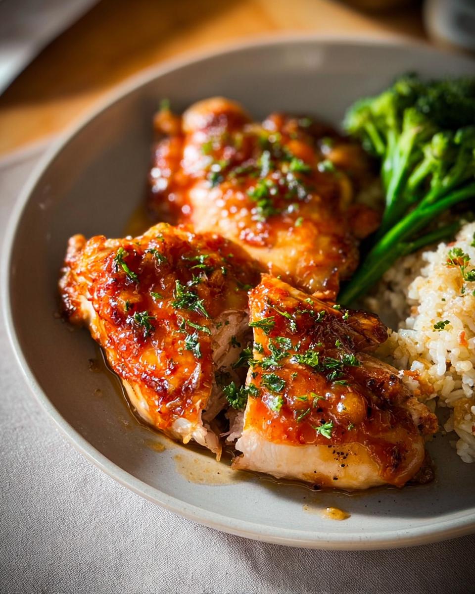 Close-up of a plate featuring glazed chicken, fluffy rice, and steamed broccoli, perfect for easy dinner recipes.