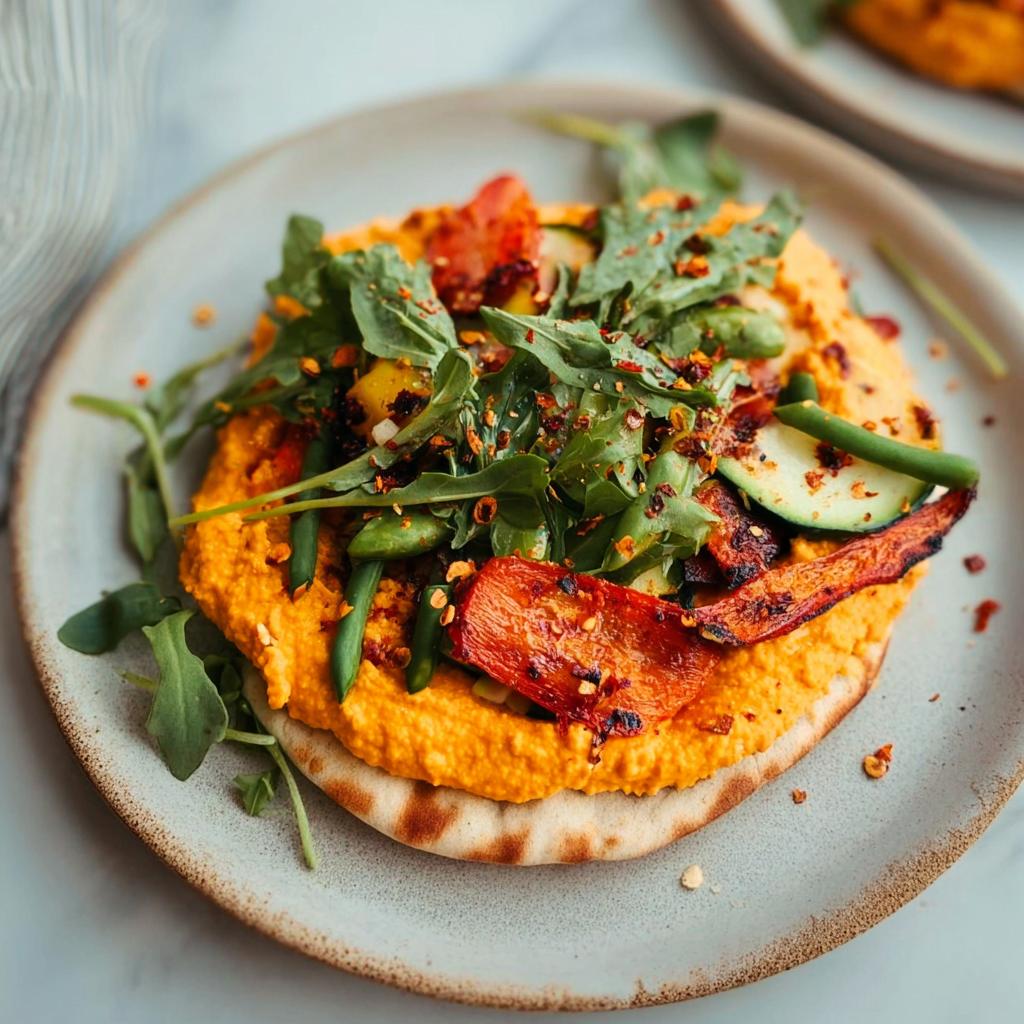 A delicious and easy dinner recipe featuring hummus topped with roasted vegetables like carrots, zucchini, and green beans, garnished with arugula and chili flakes.
