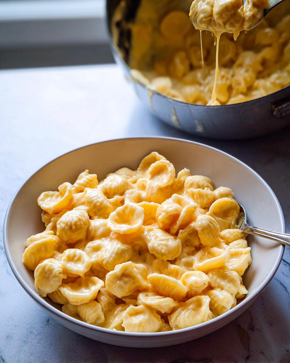 A bowl of creamy mac and cheese, with a spoon scooping some out of a pot in the background. An easy dinner recipe.