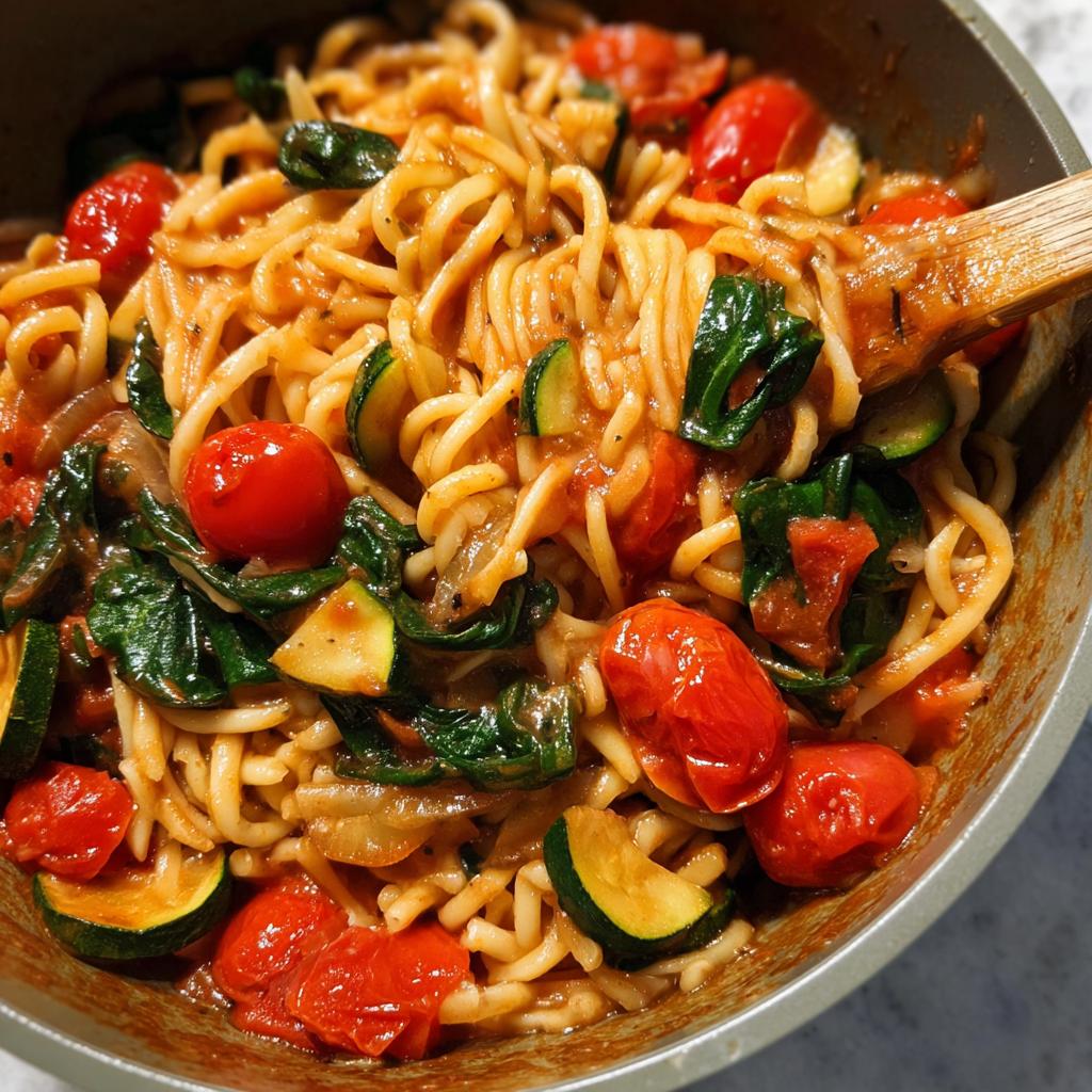 Close-up of a one-pot pasta dish with cherry tomatoes, zucchini slices, and spinach in a tomato sauce.